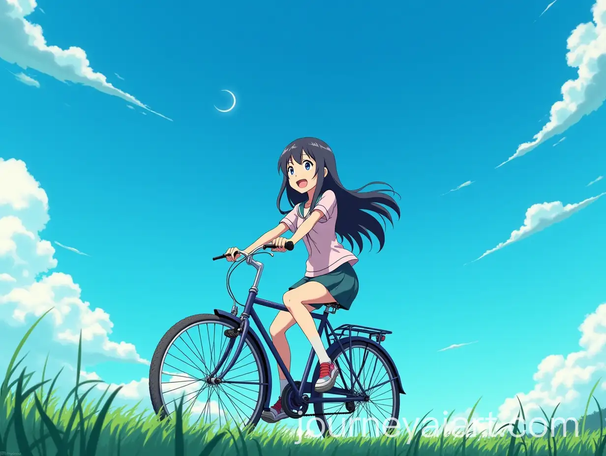 Cheerful-Girl-Riding-a-Bicycle-Under-a-Bright-Blue-Sky