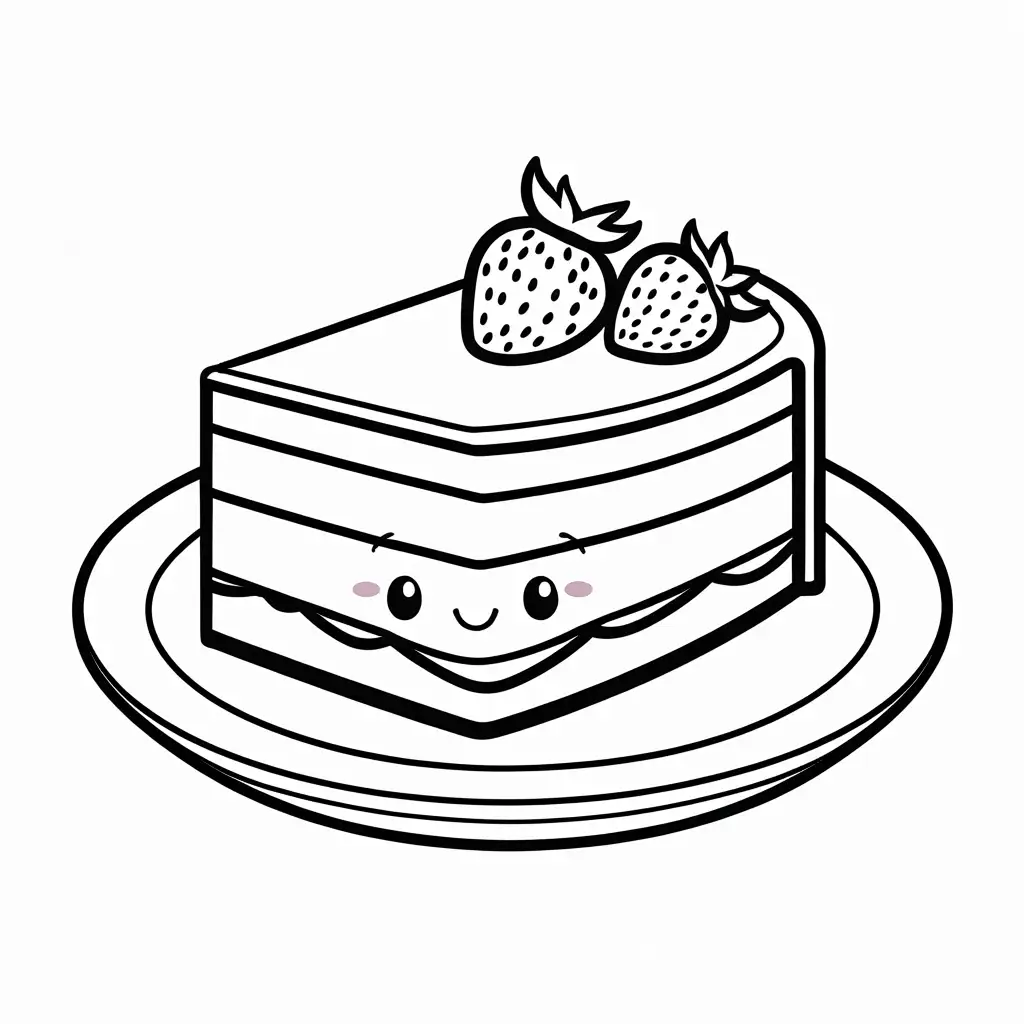 Cheesecake-Slice-with-Smiling-Face-and-Fresh-Strawberry-Coloring-Page