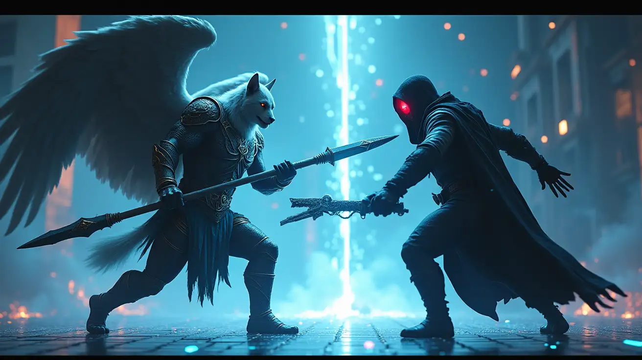 A cinematic, high-stakes digital duel on a glowing hexagonal grid. A battle-hardened, muscular humanoid angel stands poised, exuding grim intensity. His face is entirely human, with only the faintest trace of fur along the jawline and barely hinted, slightly pointed ears—enough to nod to his origins without sacrificing realism. His expression is steely and dangerous. The angel wears intricately engraved, battle-worn celestial armor etched with cryptographic runes; massive, shadowed wings extend behind him like ancient relics. In his hand, a lethal spear pulsates with blue energy. Facing him is a dark, ominous cyber thief: a lean figure draped in corrupted digital robes, his hood casting deep shadows over a face that reveals only cold, red glowing eyes. He wields a jagged, glitching blade that meets the angel's spear in a flash of digital sparks and shattered data fragments. The background is a dystopian digital wasteland of falling code, ruined circuits, and crackling static—an atmosphere charged with tension and the weight of impending cyber war.
