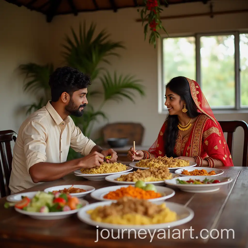 Indian-Man-Enjoying-Large-Lunch-with-NewlyAI-Image-Prompt-Expansion-Wedded-Wife-in-Rural-India