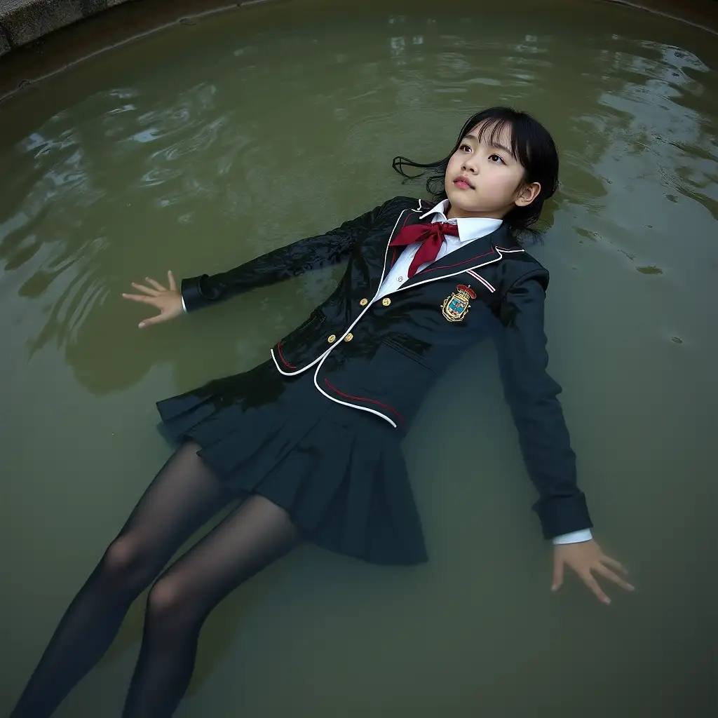 A young schoolgirl in a school uniform, in a skirt, jacket, blouse, dark tights, high-heeled shoes. She is swimming in a dirty pond, lying underwater, all her clothes are completely wet, wet clothes stick to her body, the whole body is underwater, submerged in water, under the surface of the water, below the water's edge.