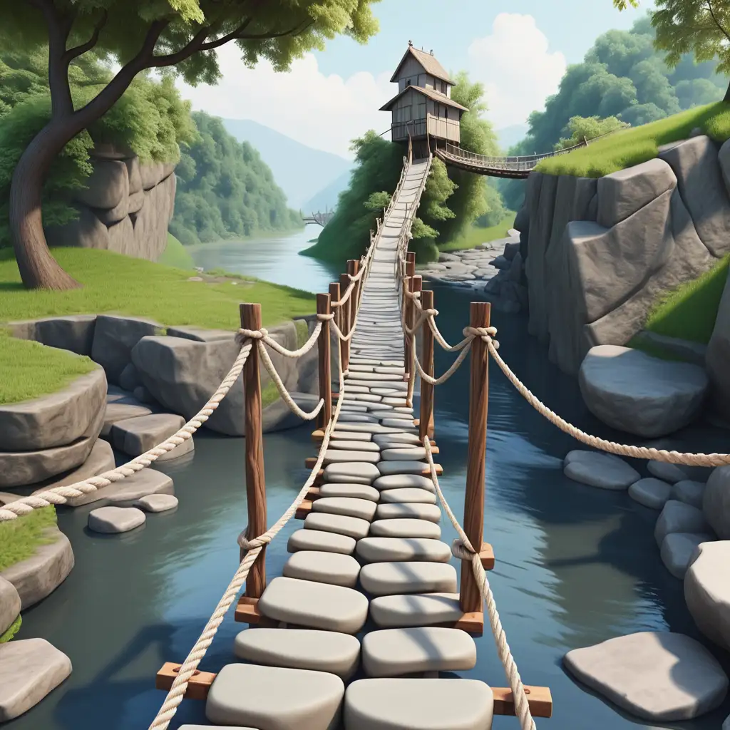 Animated Scene of a Stone Path and Rope Suspension Bridge Over a River