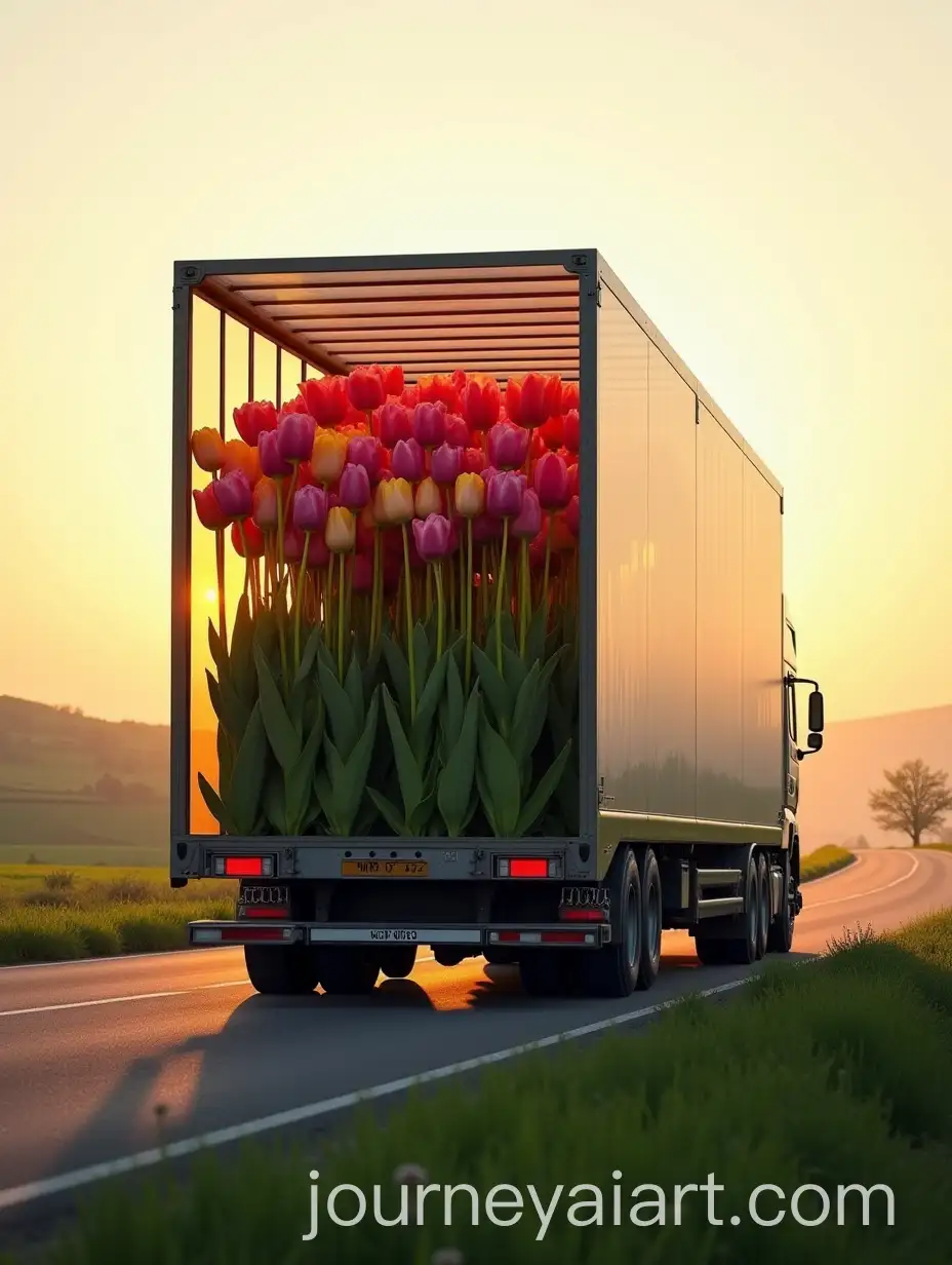 Transparent-Cargo-Truck-with-Vibrant-Tulips-Driving-Through-Scenic-Countryside-at-Golden-Hour