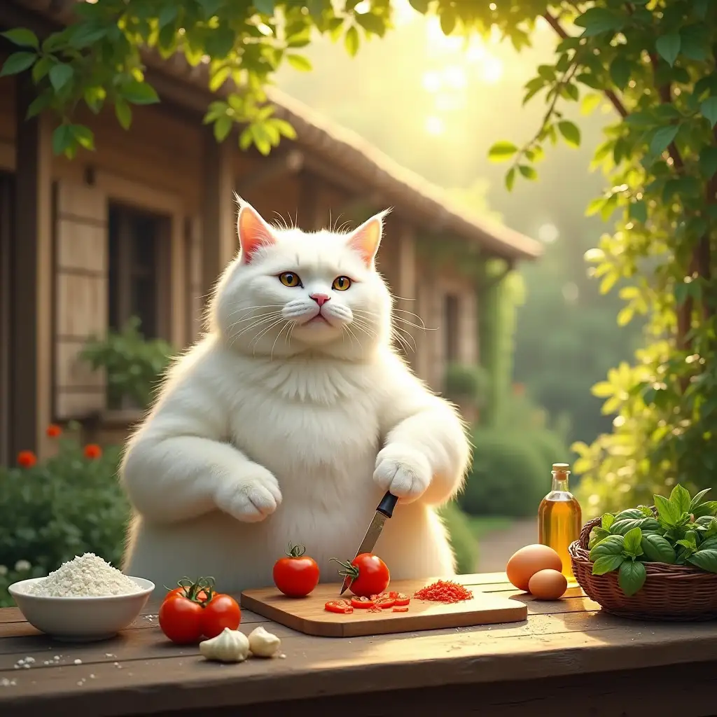 A very large, fluffy white anthropomorphic cat stands upright at a rustic wooden table in an outdoor kitchen surrounded by lush green gardens. Its thick, pristine white fur gleams under the warm sunlight, and its oversized paws give it a comical, endearing appearance. The cat is not wearing a chef’s hat at this stage. It holds a knife in its right paw, slicing a bright red tomato on a wooden cutting board, with its left paw steadying the fruit. Scattered around the table are fresh pasta ingredients: a bowl of flour, whole eggs, minced garlic, olive oil, and a pile of basil leaves spilling out of a wicker basket. The golden sunlight filtering through the greenery creates a cozy, vibrant atmosphere, with rustic wooden cottages visible in the background.