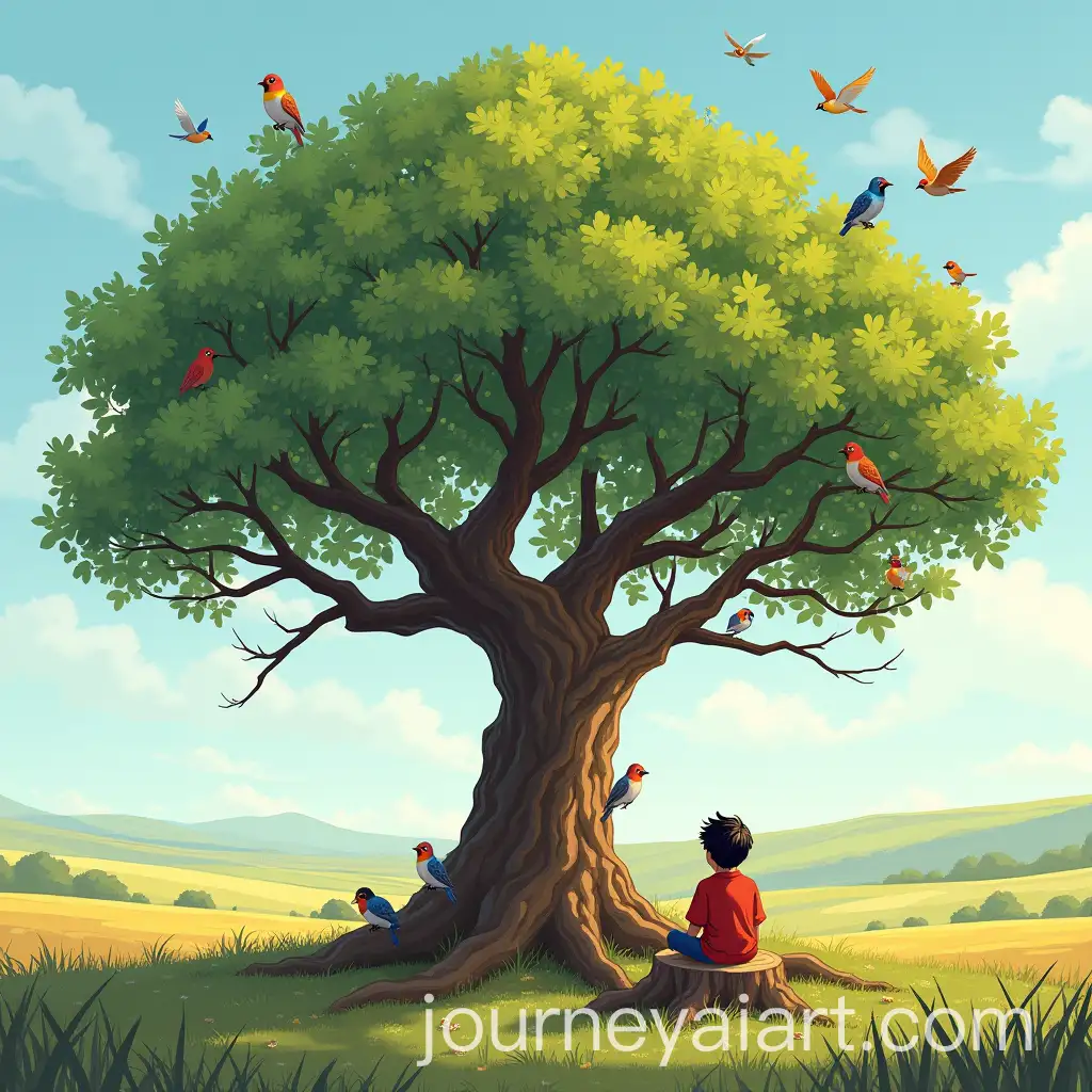 Serene-Scene-of-a-Boy-Reflecting-Beneath-a-Burned-Tree-with-Colorful-Birds
