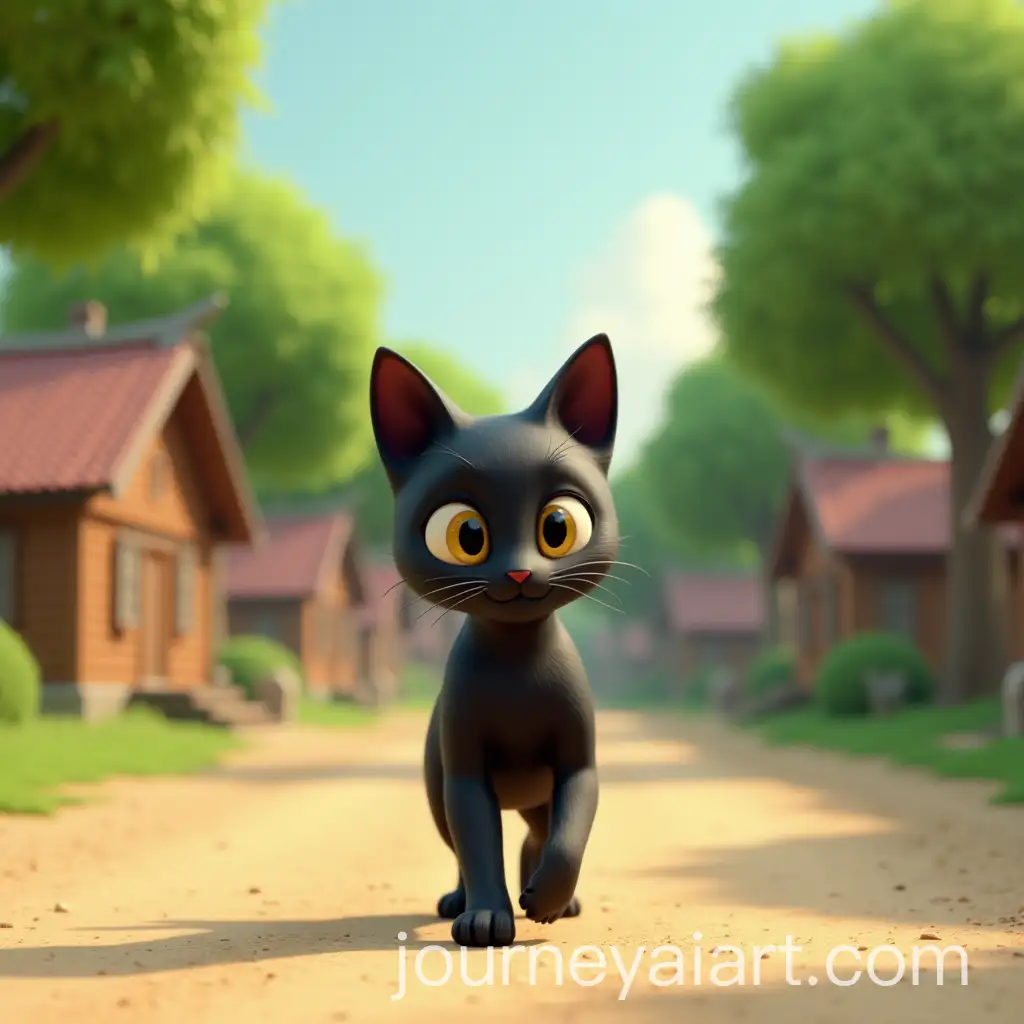 Black-Male-Cat-with-Yellow-Eyes-Walking-Through-Serene-Rural-Village