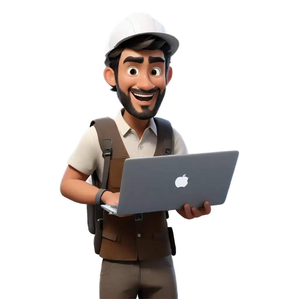 Disney-Pixar-Style-PNG-Image-of-a-Man-Engineer-with-White-Helmet-and-MacBook