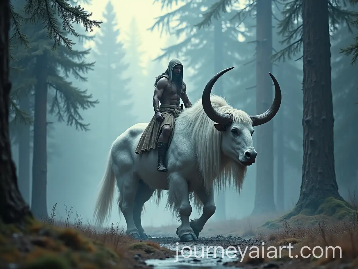 Surreal-White-Elasmotherium-with-BodyPainted-Warrior-in-Northern-Forest