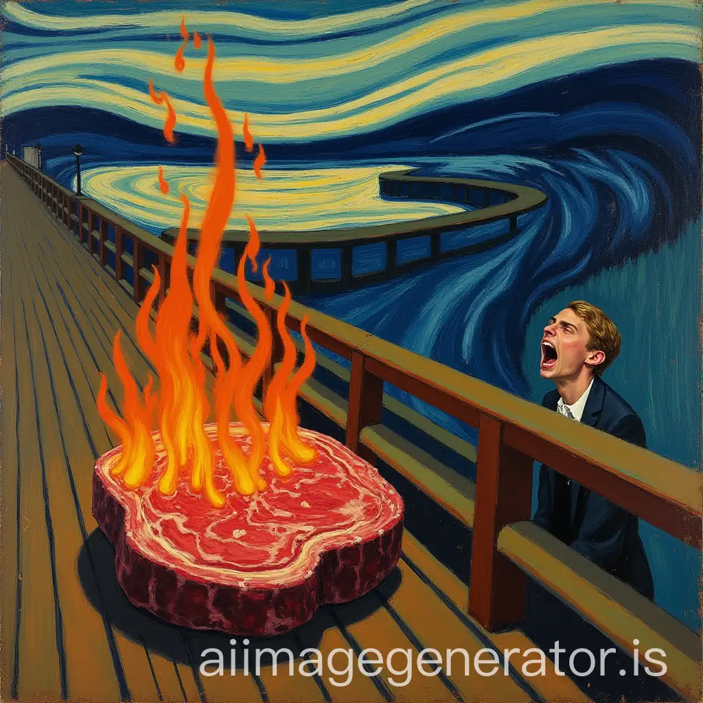 An artistic reinterpretation of Edvard Munch's 'The Scream,' where a large, sizzling steak ribeye is prominently featured in the scene. The ribeye is placed dramatically on the boardwalk, glowing with a surreal, exaggerated aura. The main character is screaming in horror and amazement, reacting to the presence of the steak. The background maintains the iconic swirling sky and intense colors of the original painting, but the scene includes subtle smoke and steam rising from the steak to add a surreal twist. The overall mood is vibrant, dramatic, and humorous, blending classic expressionist art with modern absurdity.