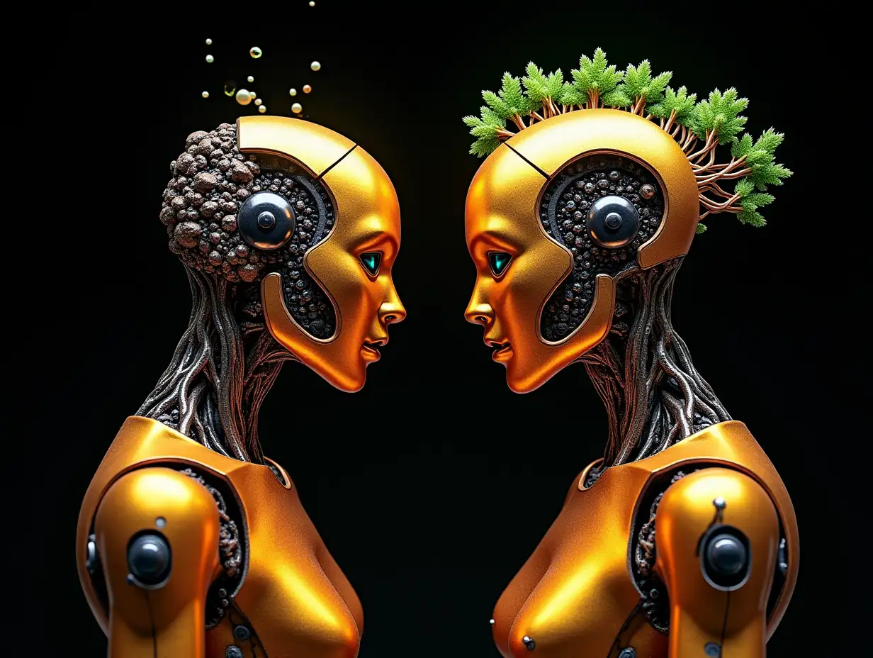 goldenem Complex-Horizon-Fractals humanoid robots with Complex-Horizon-Fractals body and Fracta-Bald with root on the head, with black background colorful