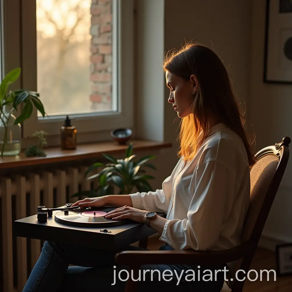 Woman-Sitting-on-a-Chair-Listening-to-Vinyl-Record
