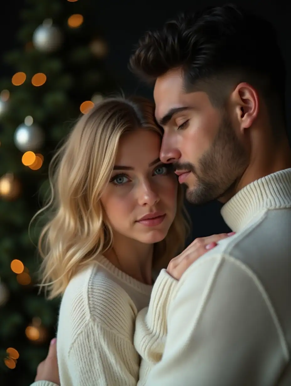 A couple in love - a blonde, sweet, young woman, blue eyes, hair below the shoulders, behind her stands a black-haired, short-haired, brutal, courageous, burning black-eyed brunette, clean-shaven, without stubble, handsome, tall man - hugs her. A man and a woman in white modern sweaters, near a Christmas tree, an evening dark background in the room. Cinematic light. Camera and camera angles: High-quality SLR camera, close-up shots capturing detailed facial expressions. - Lighting and filters: Natural light with a soft filter. HYPERREALISTIC PHOTOGRAPHY —style raw —stylize 1000.