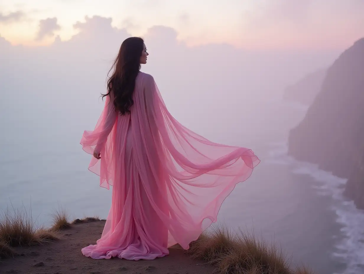 cinematic full body photo taken by a Hasselblad x1d camera. A beautiful native American woman dressed in a transparent gossamer flowing robe stands on a cliff top over looking a misty sea. Pink color palette