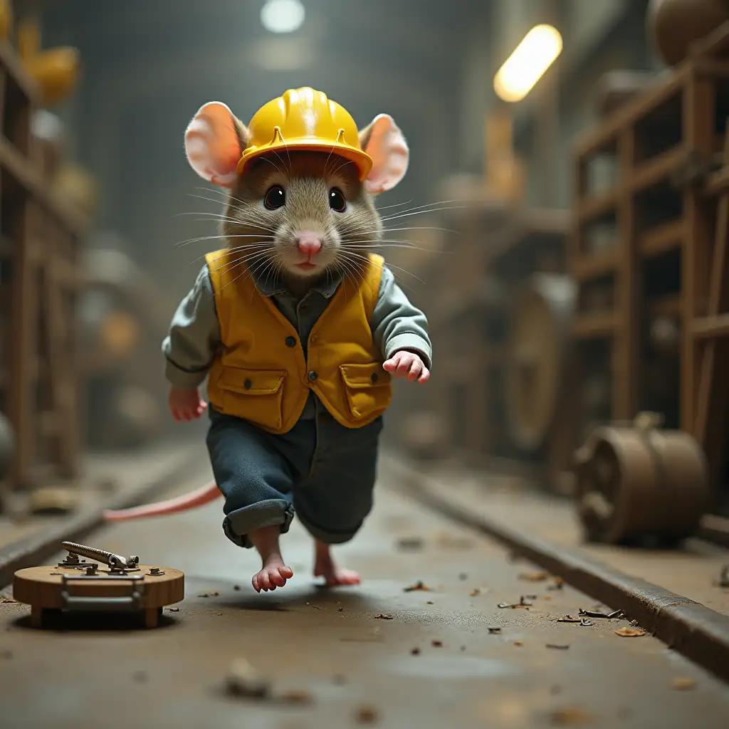 Adventurous-Mouse-in-English-Factory-Worker-Outfit-Dodging-Giant-Mousetraps