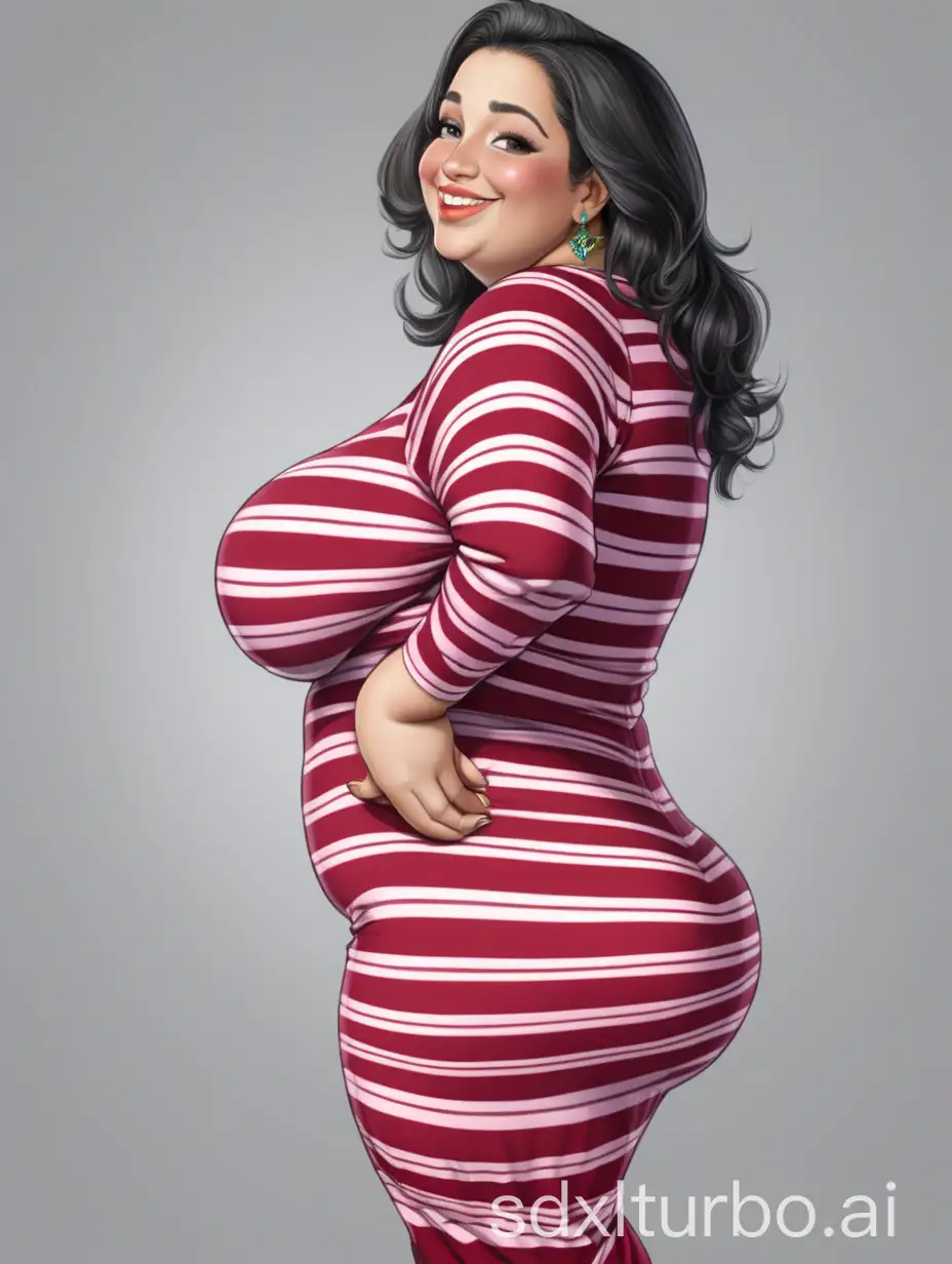 A curvy, voluptuous, beautiful, young, obese Moroccan woman stands in her red striped sweater-dress. Her bosom is enormous. Her hips are wide. Her bottom is enormous. Back view. Her triple-chin is prominent. She is shy with a beautiful smile.