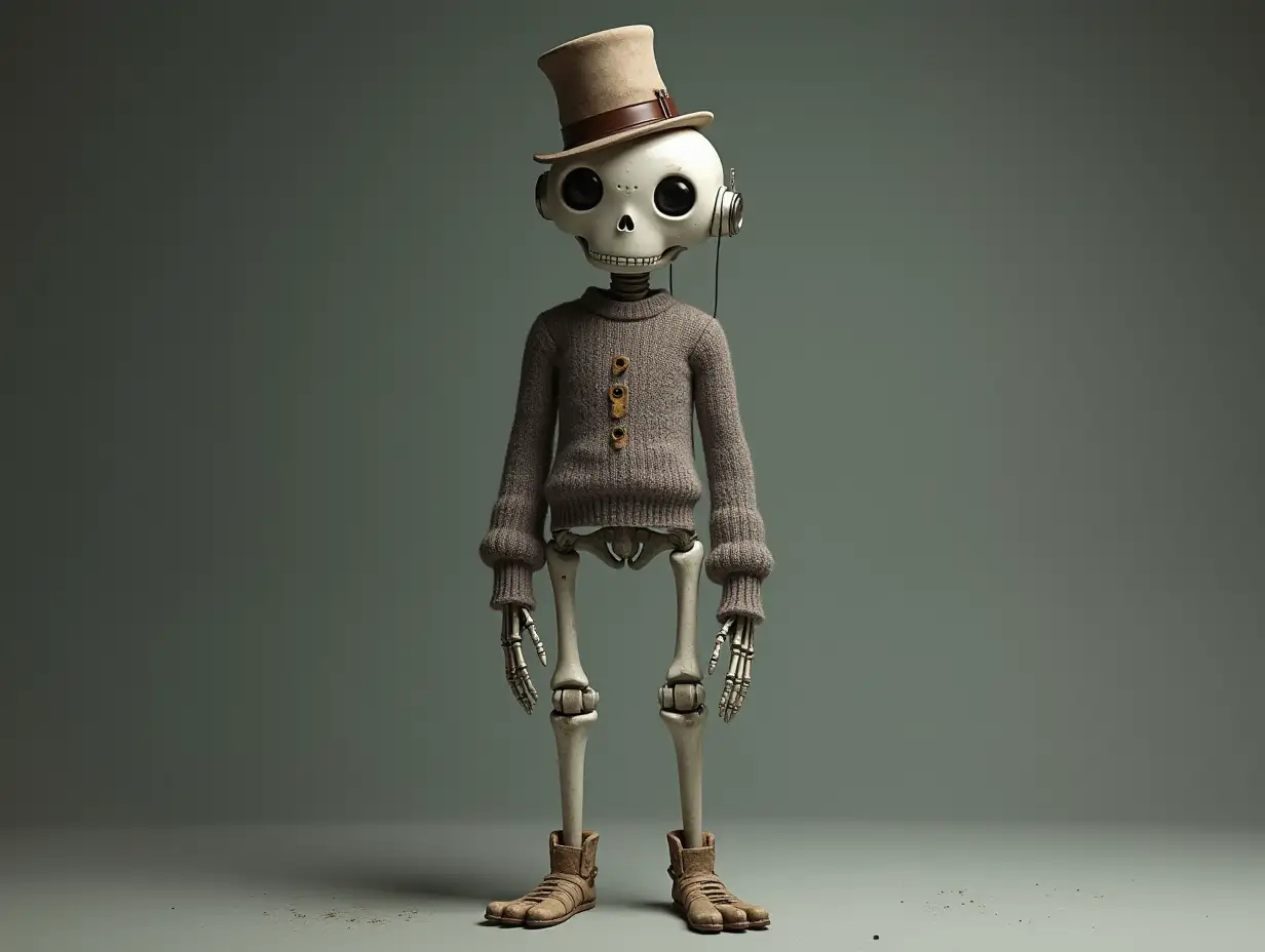 Create a high-resolution, realistic image of a robot standing with a skeletal body, porcelain hands and porcelain head, sweater, steampunk top hat and legs on the ground in 4k resolution with Steampunk 8k quality