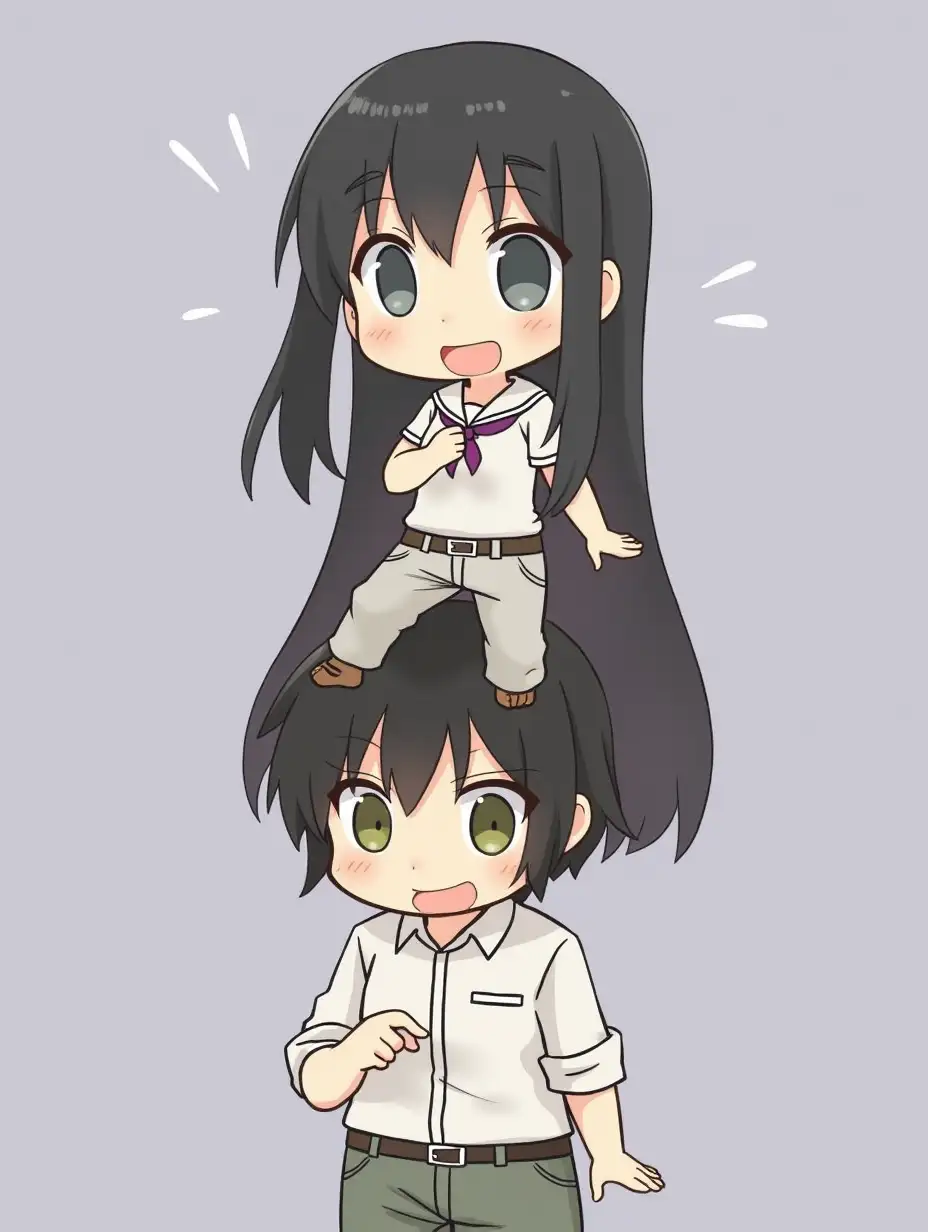 The chibi character is a long black-haired woman, wearing trousers, standing with one foot above the head of a man wearing a shirt and trousers.