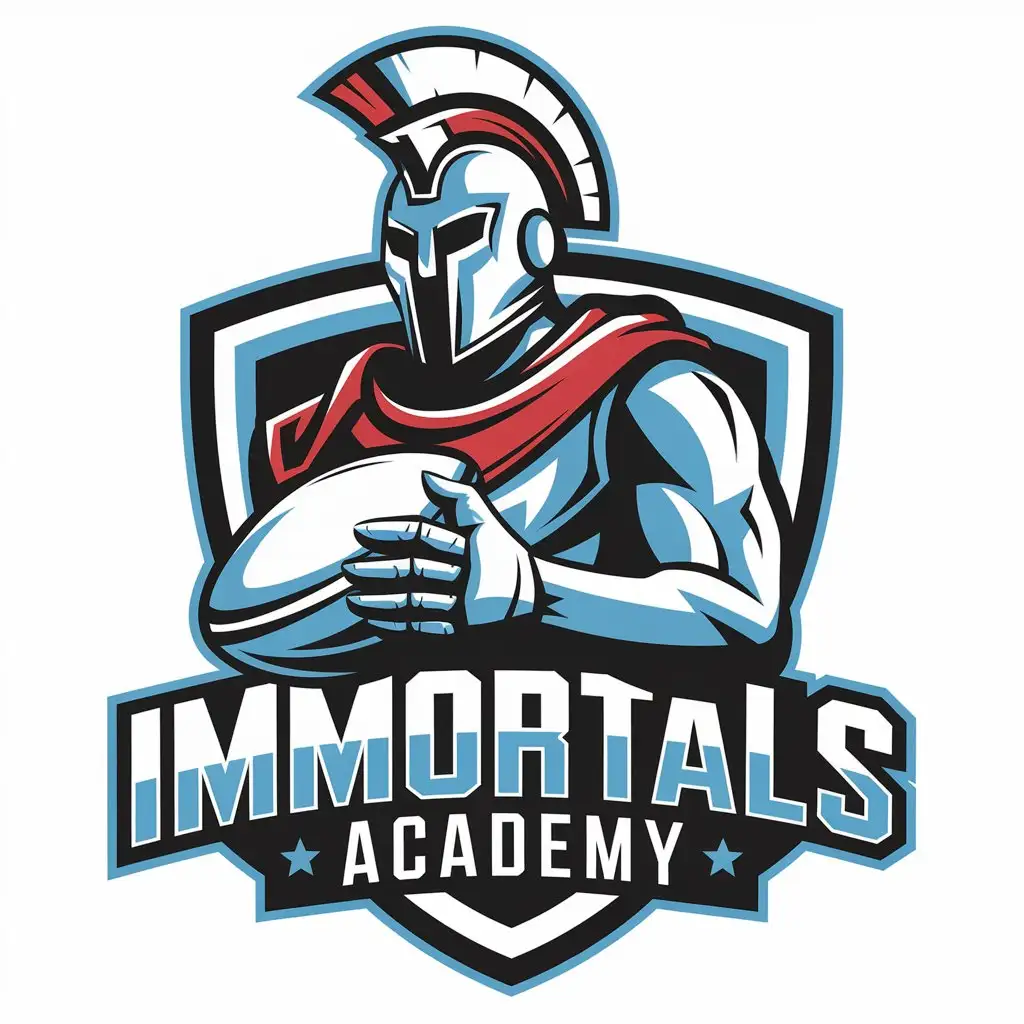 LOGO Design for Immortals Academy Titan with Spartan Armor and Rugby League Ball in Sky Blue Red Black and White