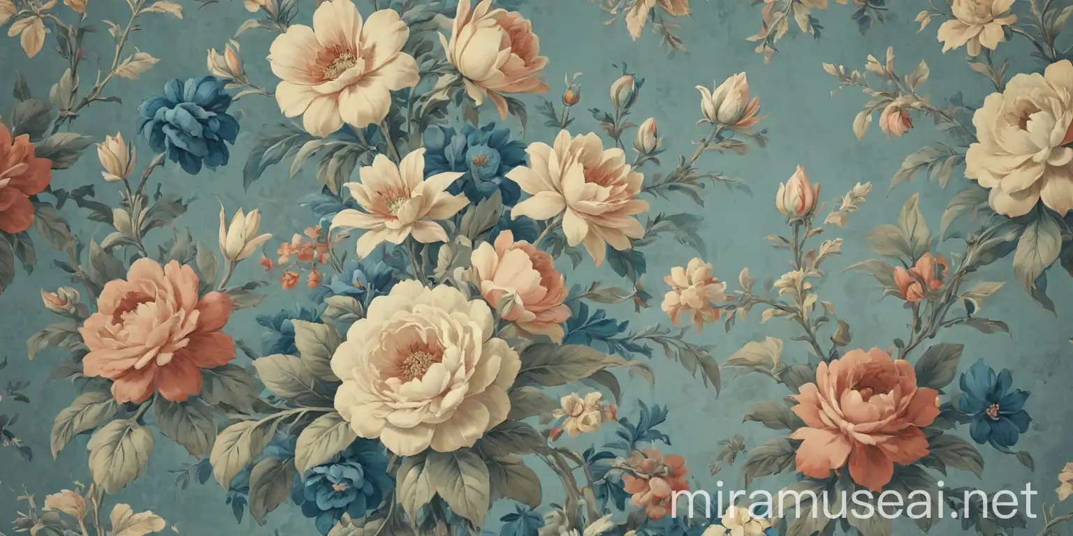 Vintage Blue Garden Wallpaper with Floral Pattern