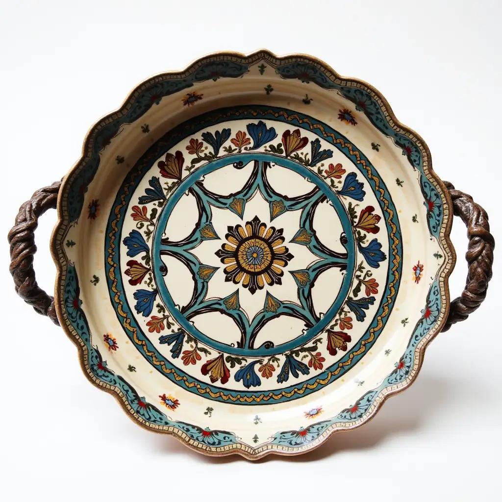 Ruffled edge circle ceramic tray with embossed beautiful handle,Underglaze painting on white body、 Fine art, Hyper detailed, Antique and old, Qajar art, Iranian Tabriz carpet design