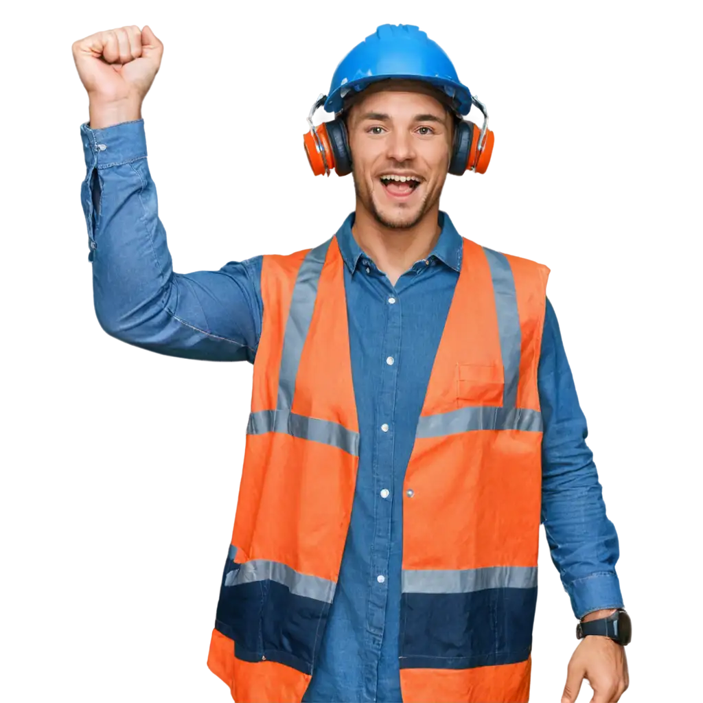 Male-Factory-Worker-Cheering-in-Orange-High-Visibility-Vest-with-Ear-Defenders-PNG-Image