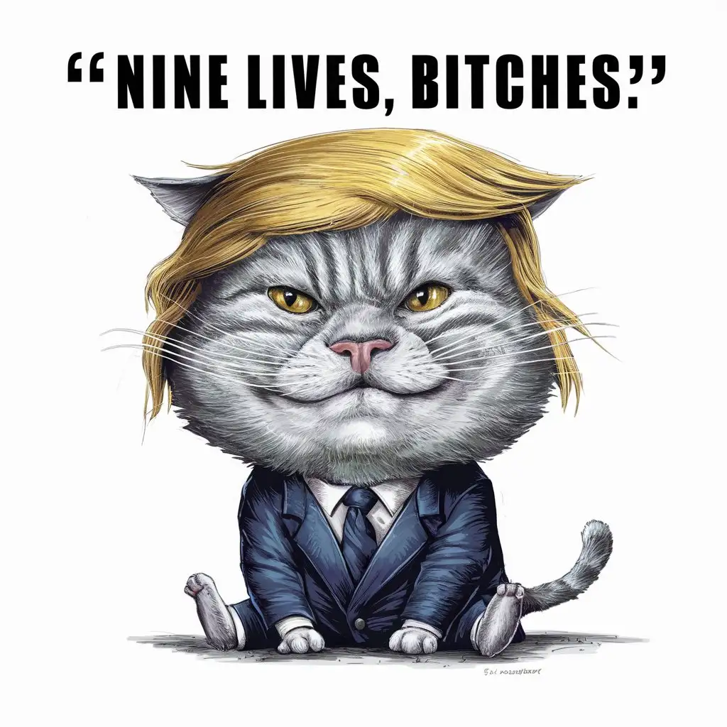 Cat with Donald Trump Hair Humorous Illustration with Nine Lives Bitches Text