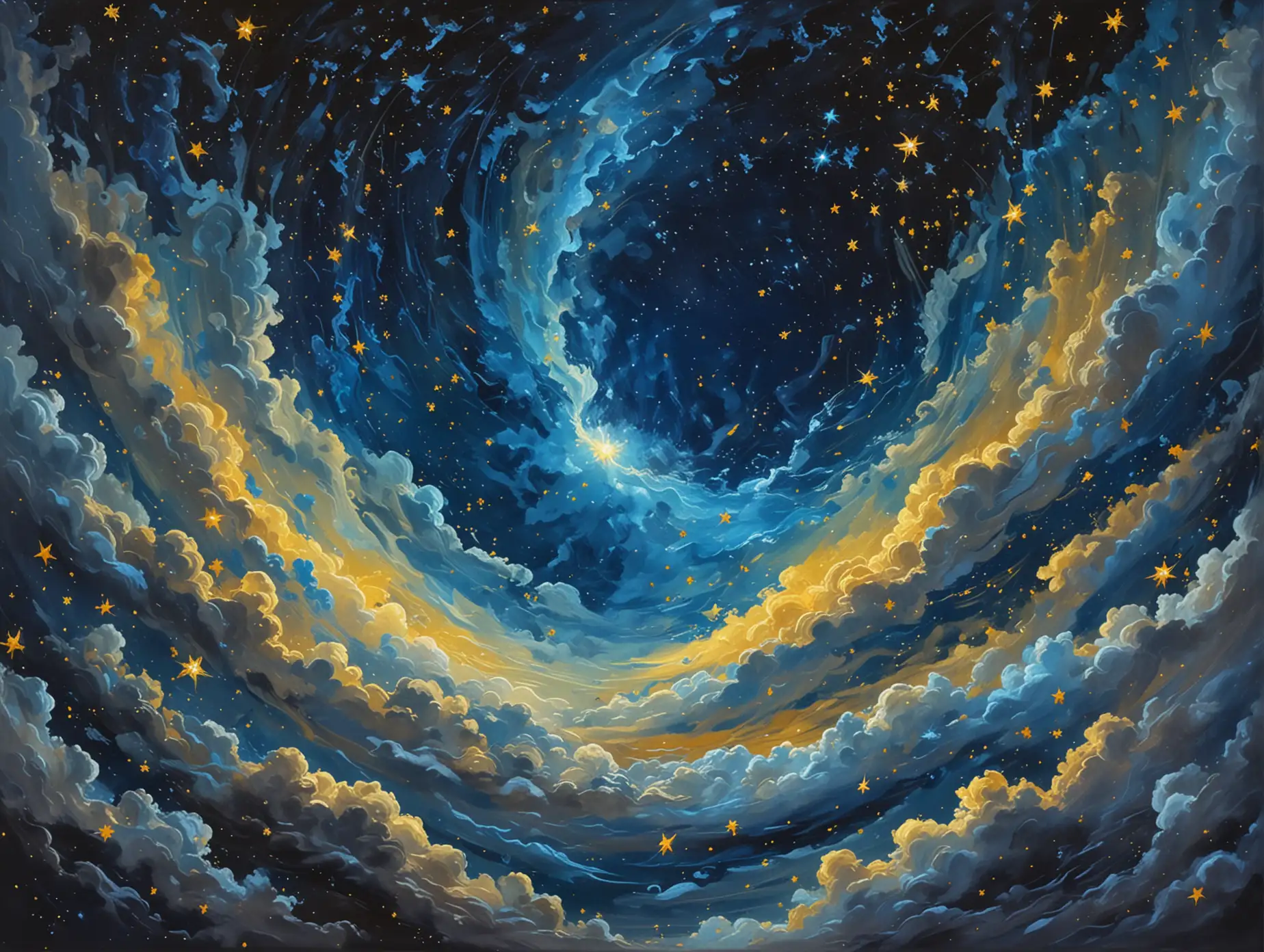 Create a museum-worthy painting of a night sky in an expressive, swirling style. The sky is a bright, vivid blue, covered in many bright yellow stars. There’s no moon, and the clouds are light blue, soft, and flowing, giving a dreamlike quality to the scene. The brushstrokes are bold and textured, adding energy and depth, capturing the beauty and motion of a vibrant, star-filled sky.