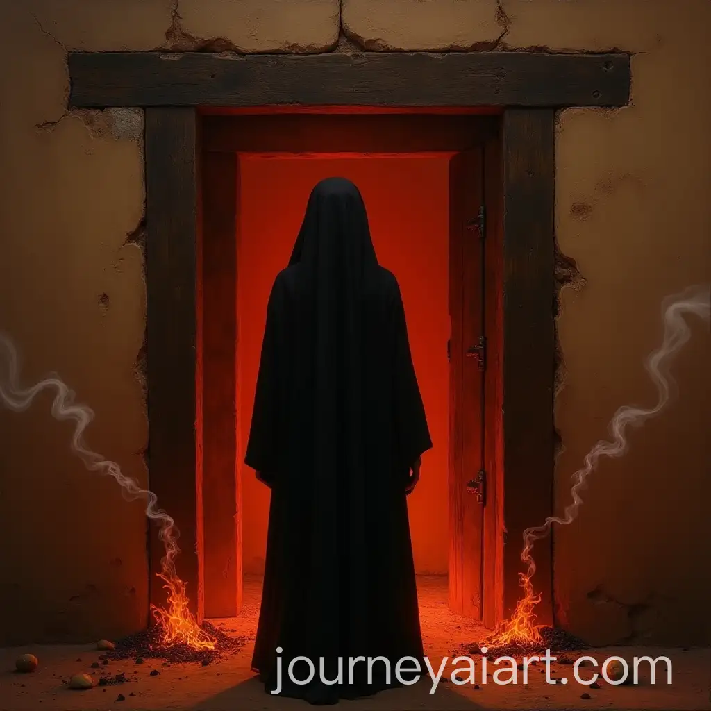 Veiled-Woman-in-Front-of-Scorched-Doorway-with-Flames-and-Smoke
