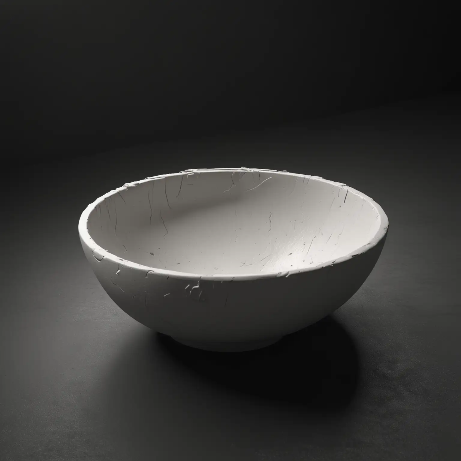 Hyperrealistic Sculpture of Empty White Begging Bowl on Black Background