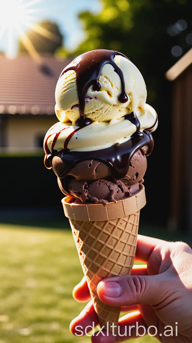 a handmade ice cream with chocolate in the sun