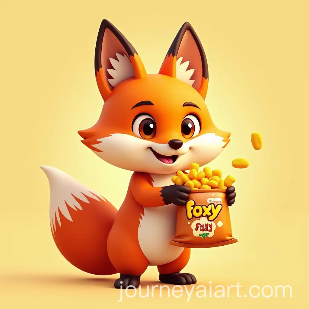 Stylized-SemiRealistic-FoxAI-Image-Prompt-Expansion-Mascot-Holding-Foxy-Foxy-Puffs-Snack-Bag