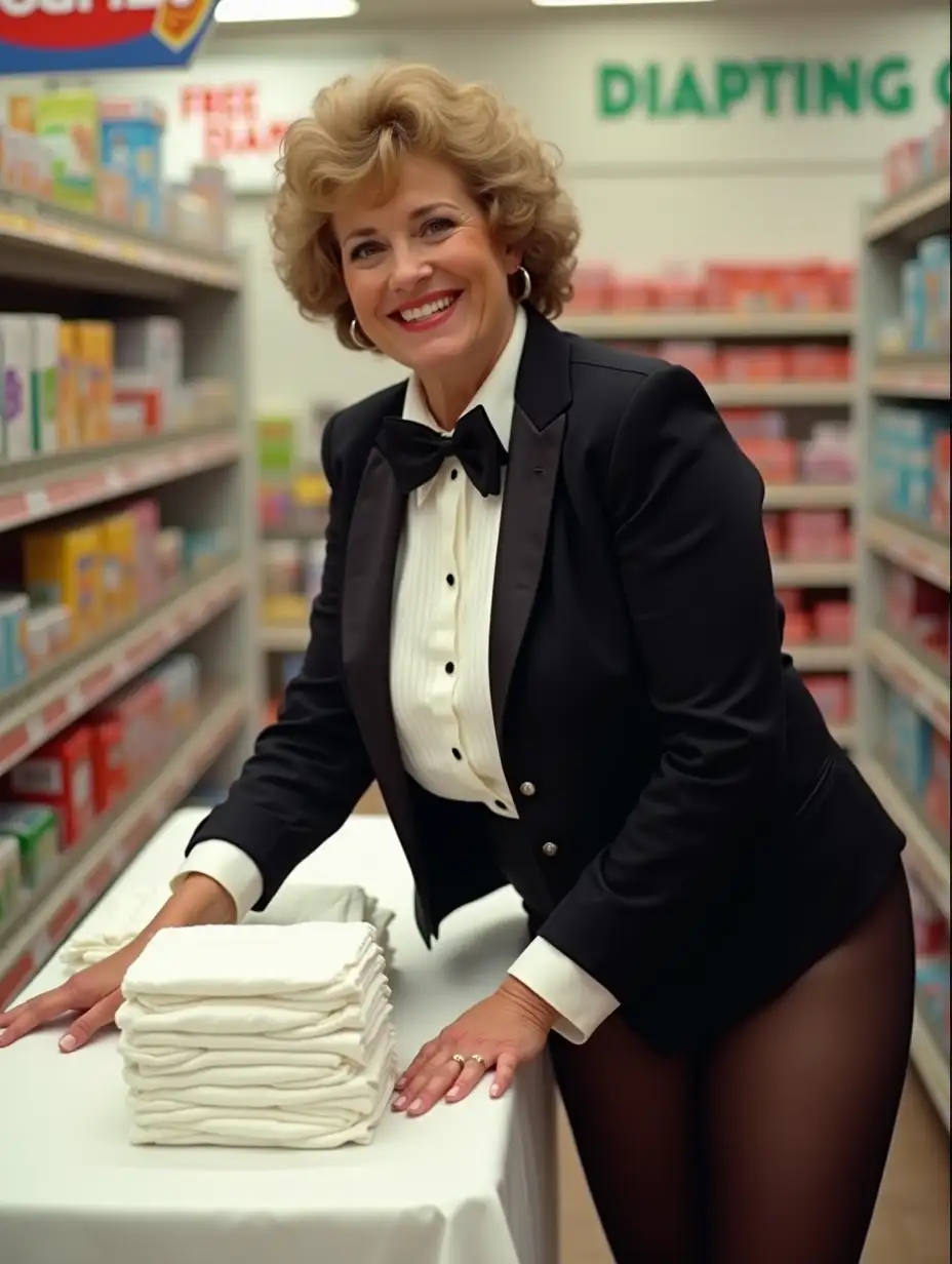 ((photo realistic)), ((sweet laughing middle-aged larger plump full-figured body type with large wide hips)) (((Caucasian female woman))), ((with short dark blonde sassy curly 1980s hair with curly bangs)), (wearing a very formal orchestra concert tuxedo) with ((black long sleeve high cut cropped Eton jacket)), ((((white tuxedo shirt, with tight high standing wingtip collar, and many thick vertical pleats front)))), (((black diamond point bow tie with black thick adjustable neckband))), black cummerbund, ((black tight high cut spandex briefs)), nylons, ((looking at viewer, bending over a white padded changing table while presenting a stack of large bright white folded plastic backed thick disposable diapers in her hand)), ((with a large sized white and red plastic rounded box package of 1980s Huggies Diapers on the changing table)), in a supermarket for a product demonstration, (with a large visible sign that reads 'FREE DIAPERING' hanging directly above her head), (close up side view).