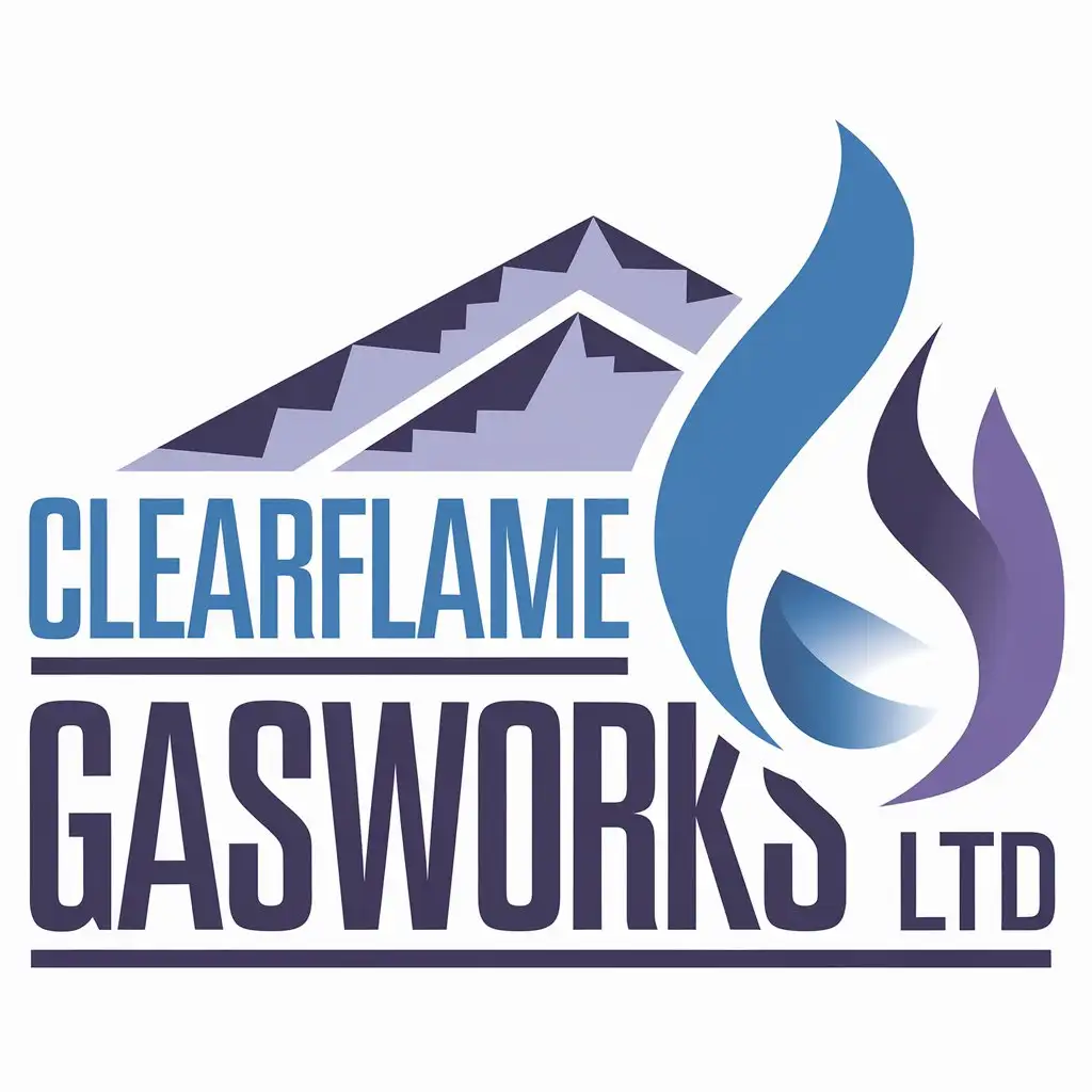 LOGO Design for ClearFlame Gasworks Ltd Light Blue and Dark Purple with Flame Symbol