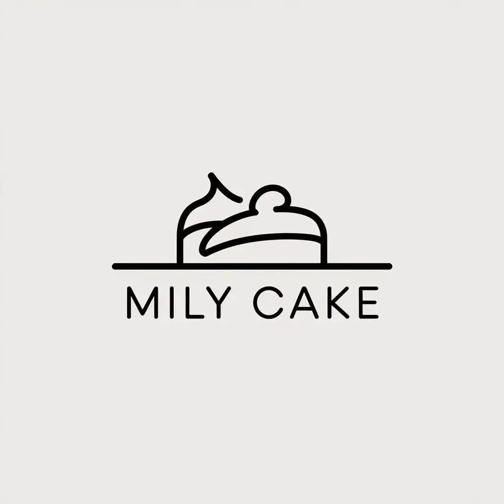 a vector logo design,with the text "mily cake", main symbol:Minimal style mily cake these few letters on a horizontal line in the middle, horizontally below want like ECG of  swap the sharp peaks for cake two cakes one stroke over cake,Minimalistic,be used in desserts industry,clear background