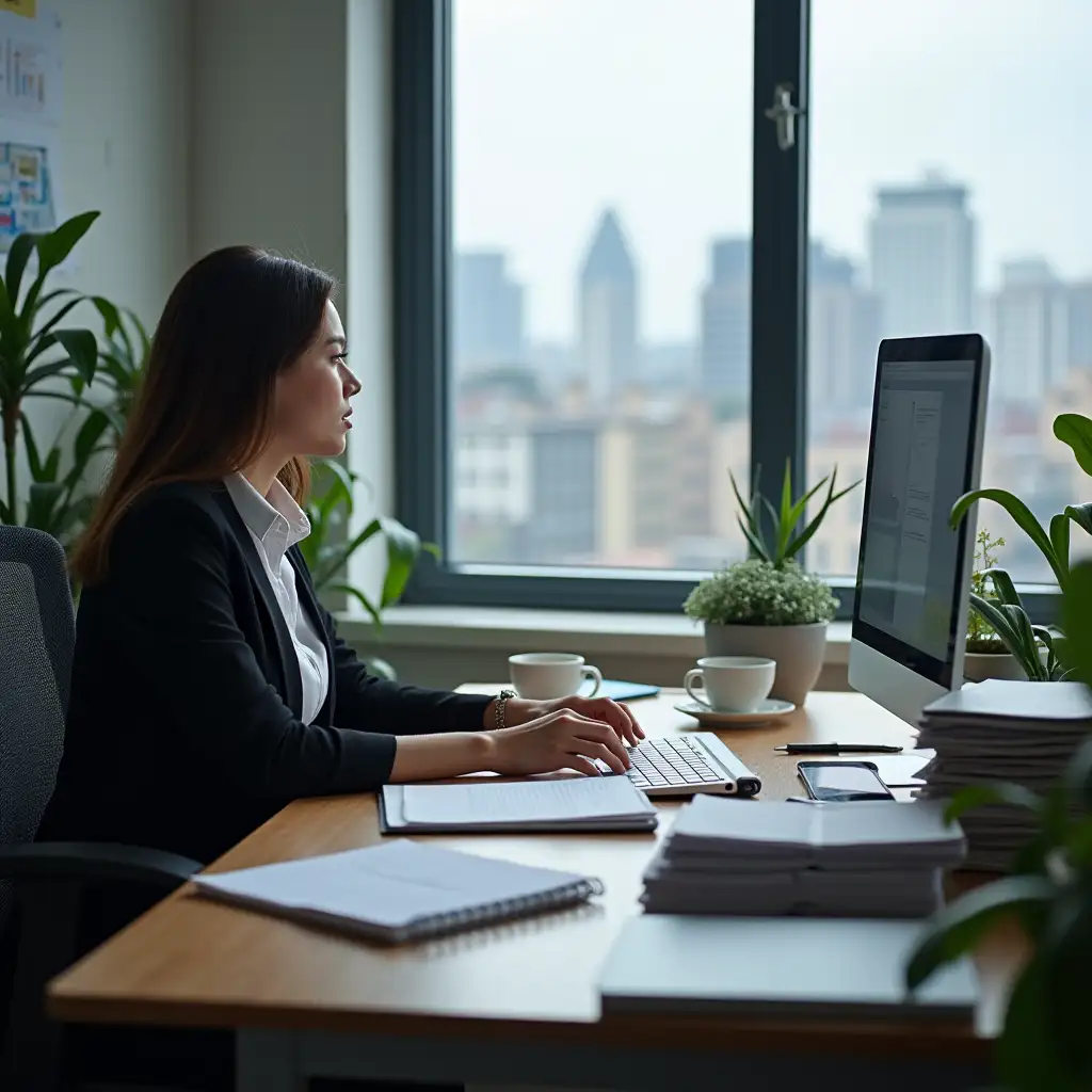 Employee-Working-at-Desk-with-City-View-Preparing-for-Change