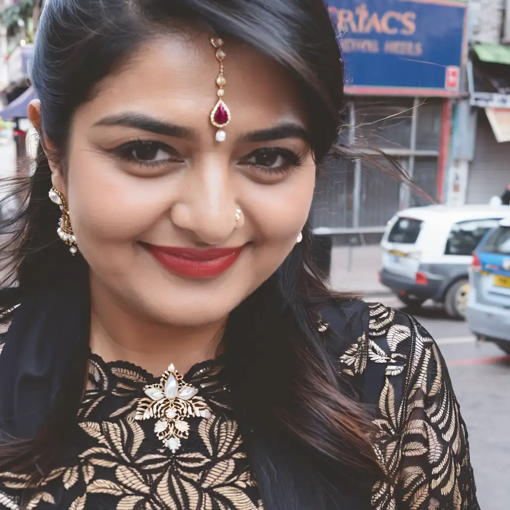 walking on busy street with high heels . wearing black lace saree , look a bit curvy