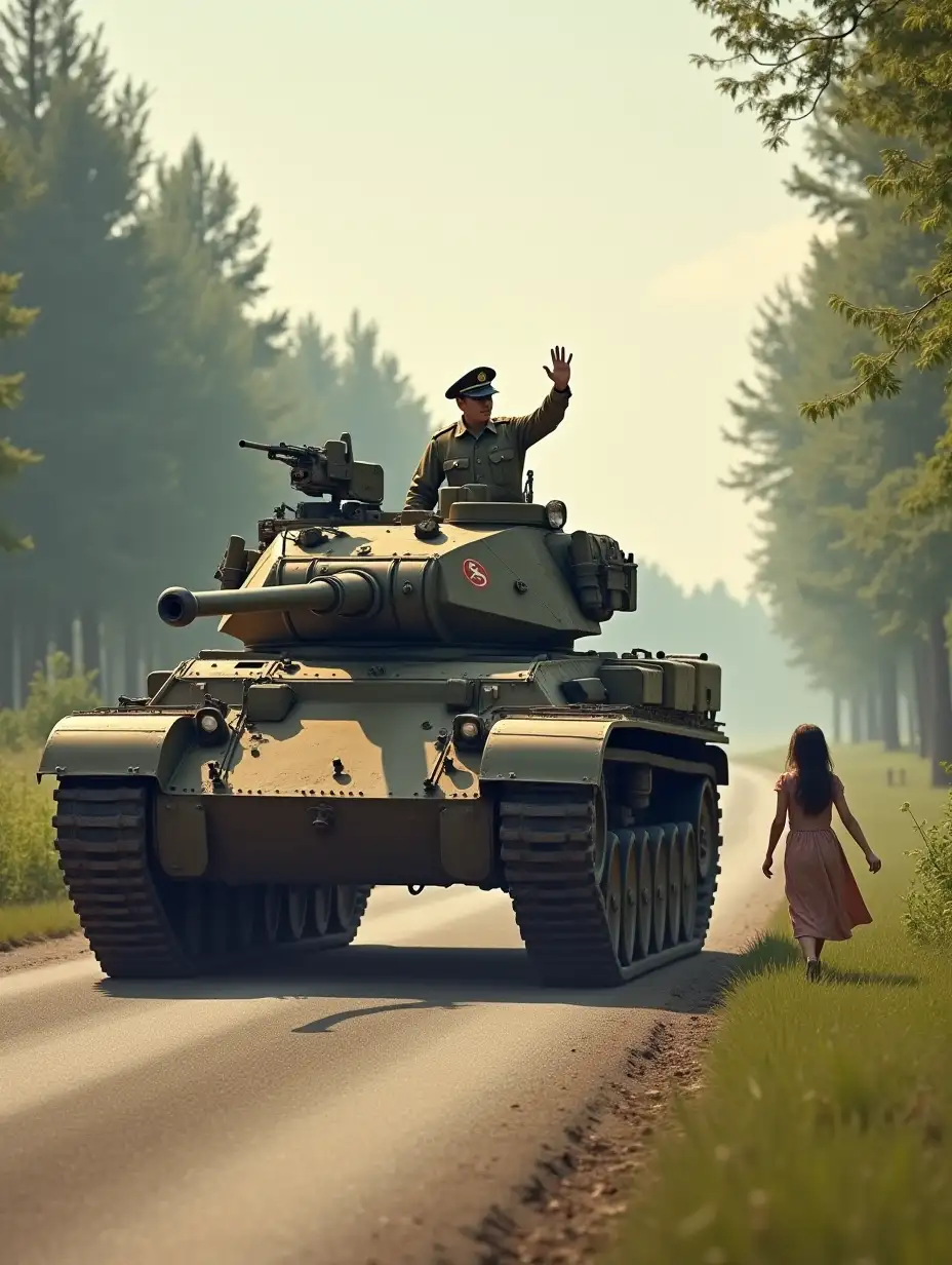 Light tank moving down a road, the commander of the tank pops out the top hatch and waves to a farm girl walking up the road.