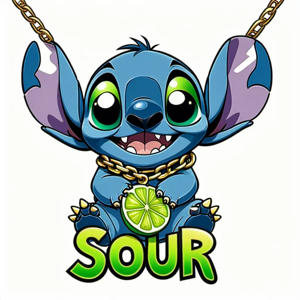 stitch cartoon green lime wearing a gold chain that says sour