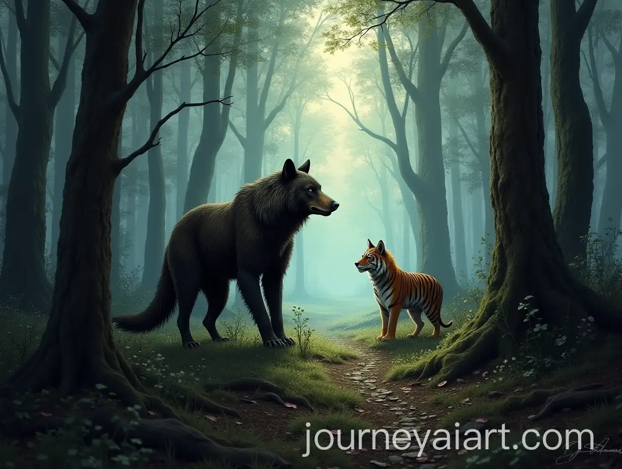 Fantasy-Forest-with-Hunters-Cabin-Werewolf-Bear-and-Werewolf-Tiger