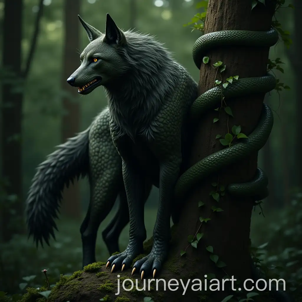 Mythical-SnakeWolf-Creature-in-a-Dense-Forest