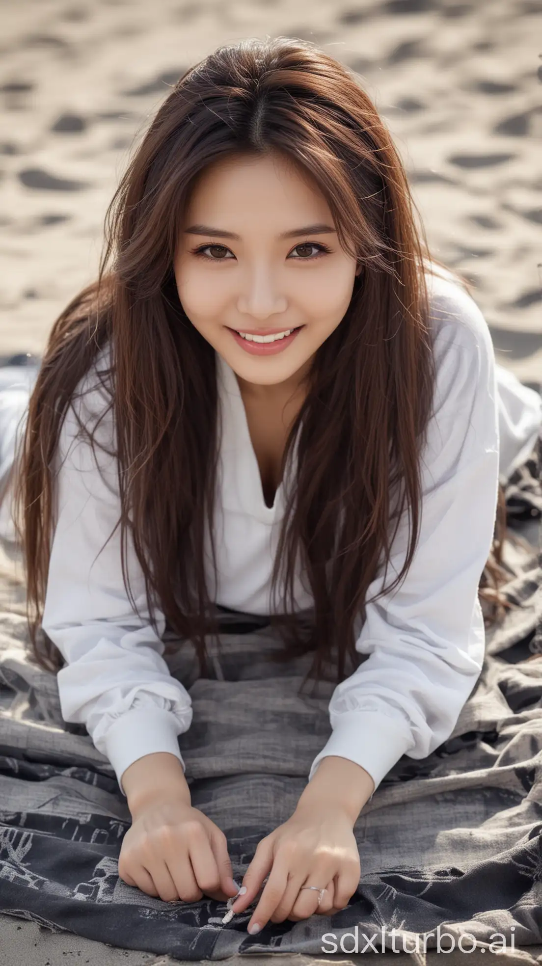 Chinese-Beauty-with-Sexy-Smile-Lying-on-the-Beach-in-Winter-Fashion