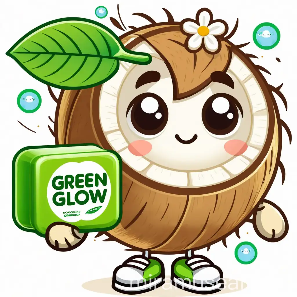 make a mascot from coconut with various styles of activities from having a cute expression for an organic soap brand called greenglow with a combination of green, brown and cream, holding soap and wearing shoes