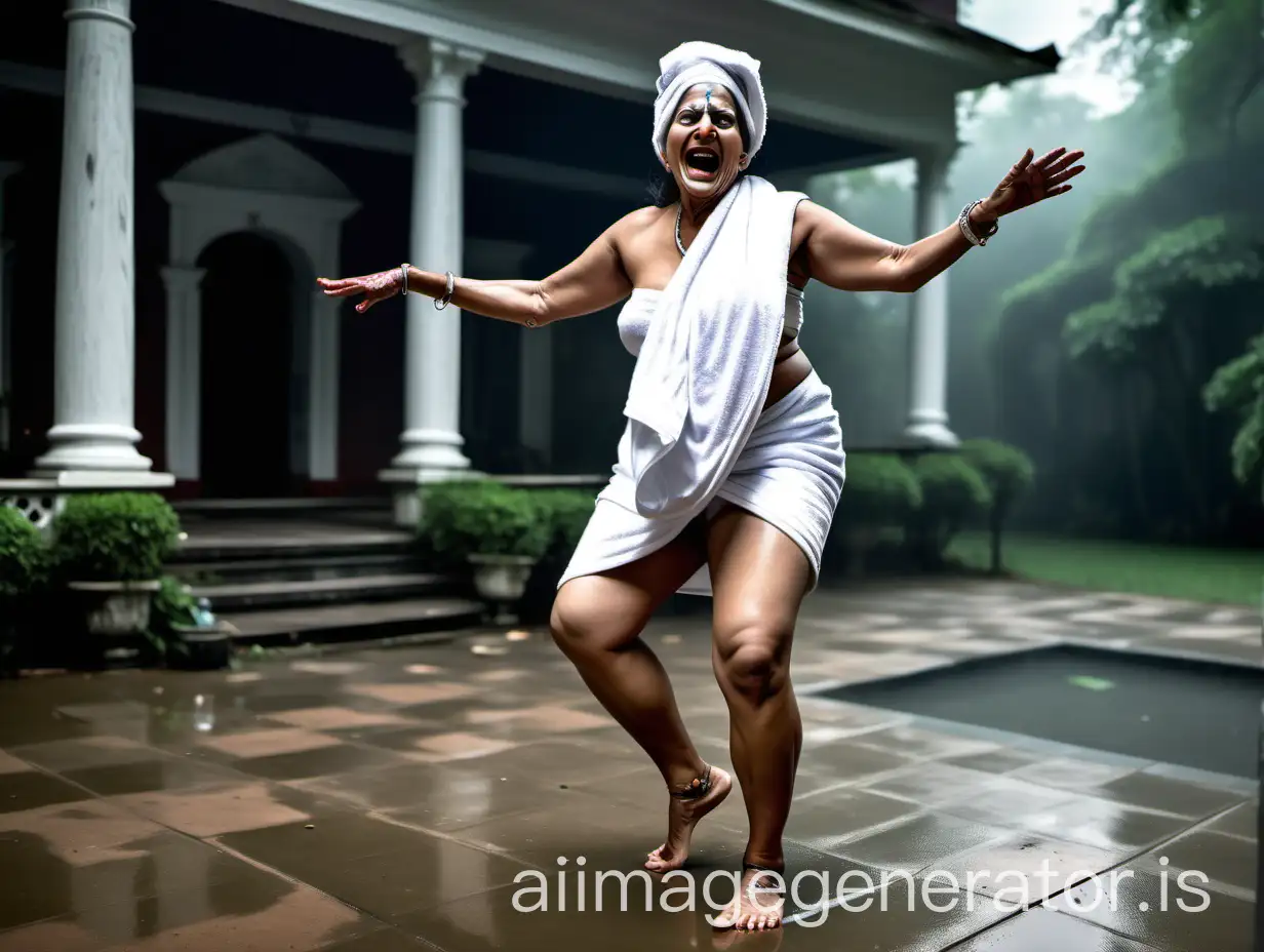 a curvy mature 45 years old lady indian with a white wet bath towel on head and anklet on feet doing dance lifting one leg up and crossing two hands on the court yard of a haunted mansion, she is laughing 