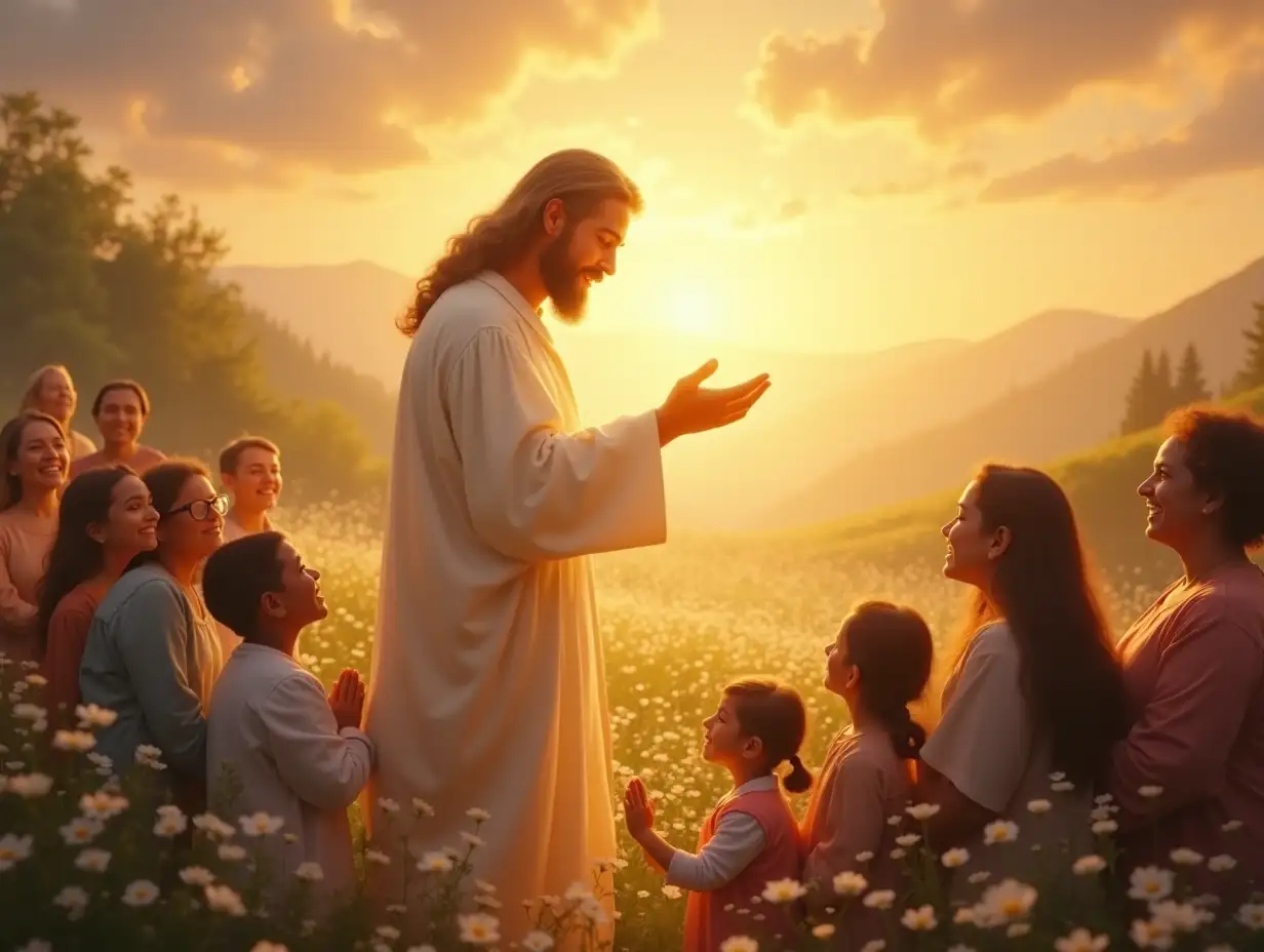 A serene and compassionate depiction of a divine figure delivering a message of love and mercy. The central figure is surrounded by a warm, radiant light, symbolizing peace and hope. They are shown with an outstretched hand, as if welcoming and blessing those around them. A diverse group of people, including children, elderly, and families, gather closely, their expressions filled with awe and comfort as they listen to the message. The background features a tranquil natural setting with soft rolling hills, blooming flowers, and a glowing horizon, symbolizing harmony. The atmosphere exudes kindness, unity, and divine grace, embodying the message of love and compassion.8k ultra high quality cinematic image