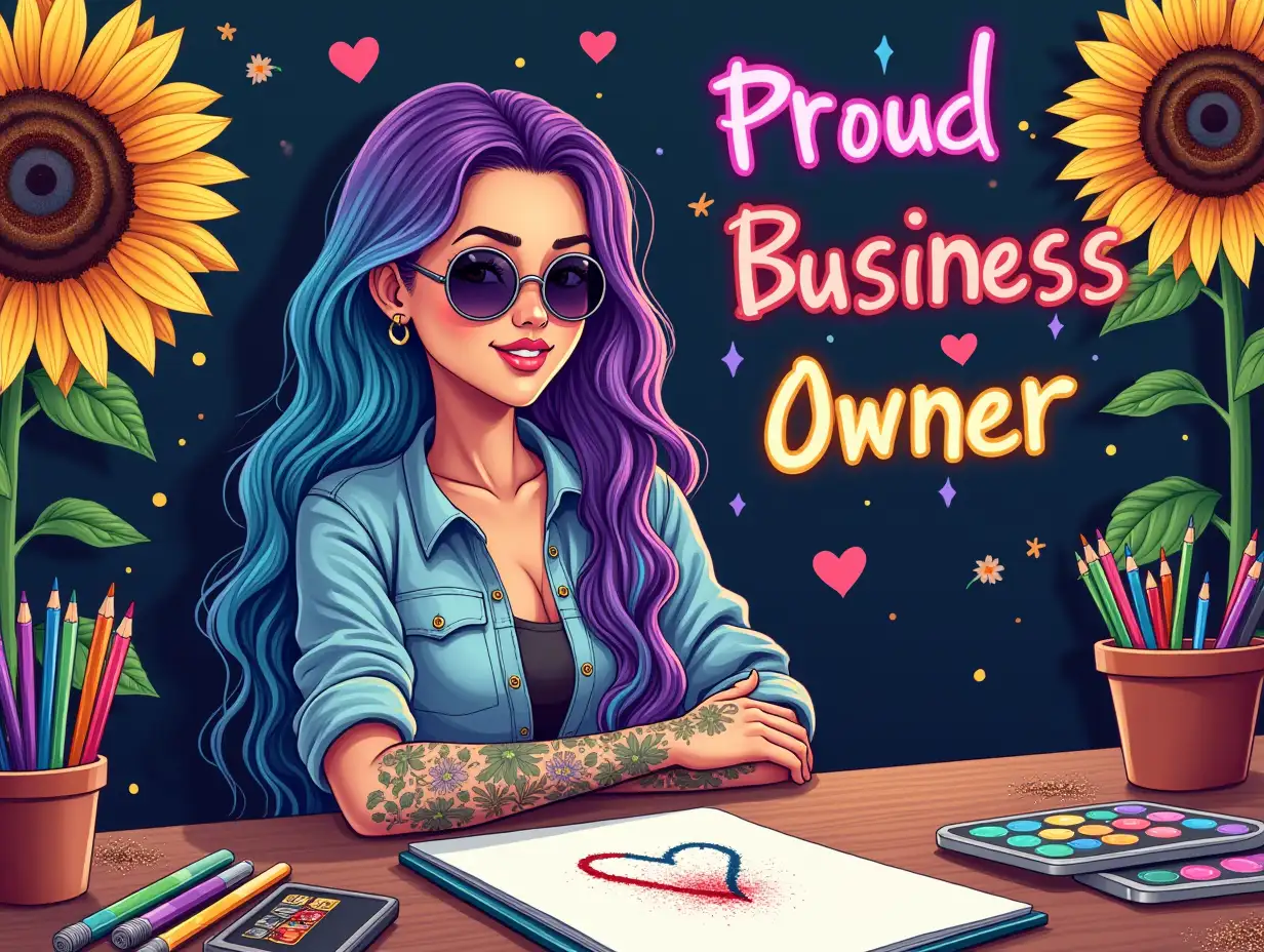 hand drawn art, seamless design. Create a vibrant and artistic digital illustration of a young woman with long, colorful hair in shades of purple and teal. She is sitting in a cozy, creative workspace adorned with bright sunflowers and delicate flowers. The atmosphere conveys empowerment and joy, featuring a whimsical and bohemian aesthetic. The woman wears stylish round sunglasses and has intricate tattoos on her arms. Surround her with art supplies, including colorful pencils and paints, arranged on a wooden desk. The text 'Proud Business Owner' should be written in bold, colorful letters, with a neon effect. The background should be filled with glitter and other decorative elements.