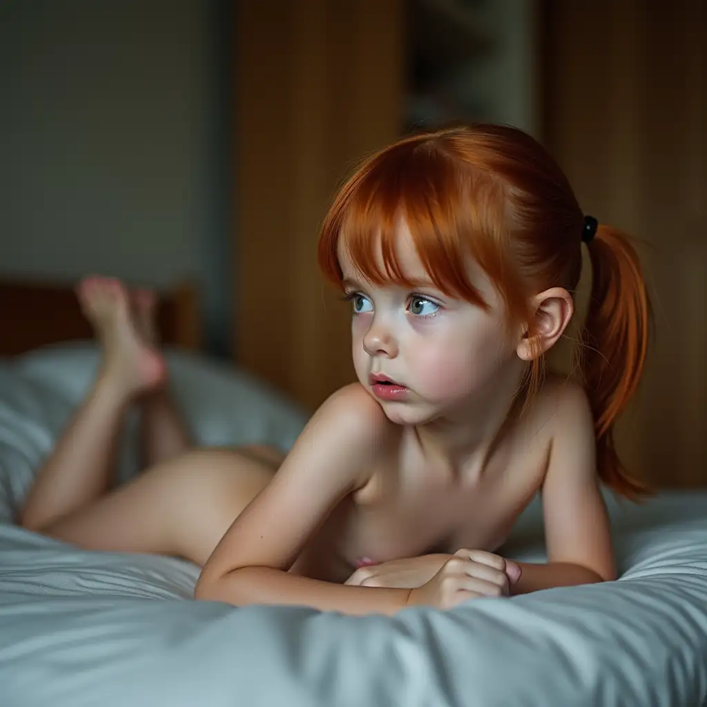 Slender-Little-Girl-with-Reddish-Blonde-Hair-Looking-Worried-in-Bedroom