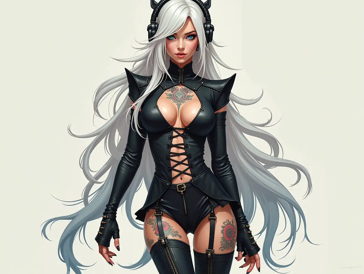 Depiction of a beautiful white woman with tattoos and long mixed white-black hair in a futuristic style and laced boots