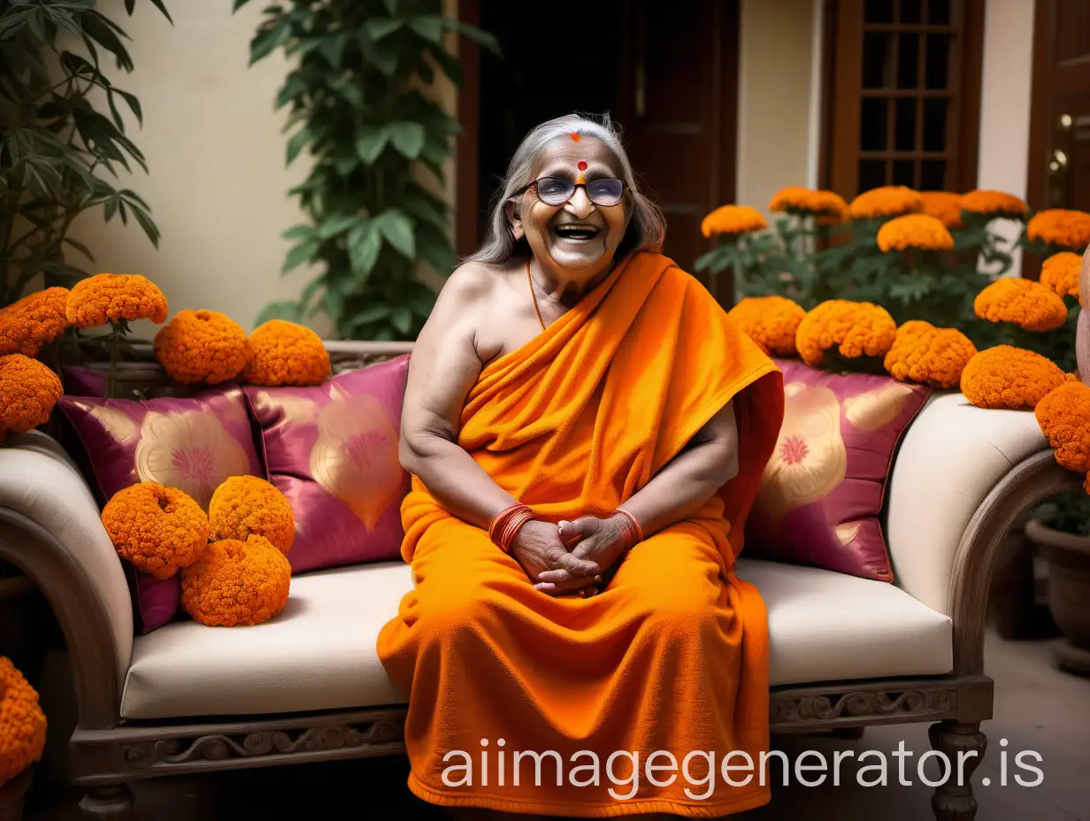 a Indian Hindu woman monk fat mature curvy with make up having age 75 years old, with long hairs, she is wearing a power spectacles, she is sitting on a luxurious sofa with a bodybuilder male in a luxurious marigold flower garden near a home in an Indian Hindu luxurious ashram, a goat is there it night time, she is wearing a colorful flower garland, she is wearing a big flower garland and a luxurious orange bath towel she is happy and laughing