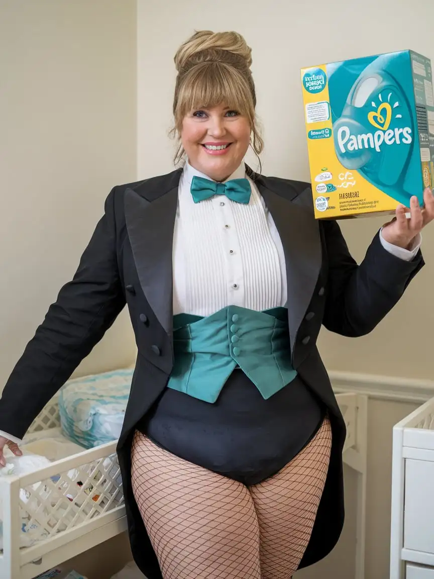 sweet very beautiful smiling middle aged huge fat obese woman with large wide hips Caucasian, with blonde pulled back bun hair with bangs, standing facing forward wearing a very formal concert tuxedo with black long sleeve Eton jacket, white wing tip tuxedo shirt with pleated front, teal adjustable neckband bow tie, teal cummerbund, black leotard bottom, fishnets, holding large box of Pampers while standing next to a changing table with a stack of disposable diapers in a nursery, full body front view