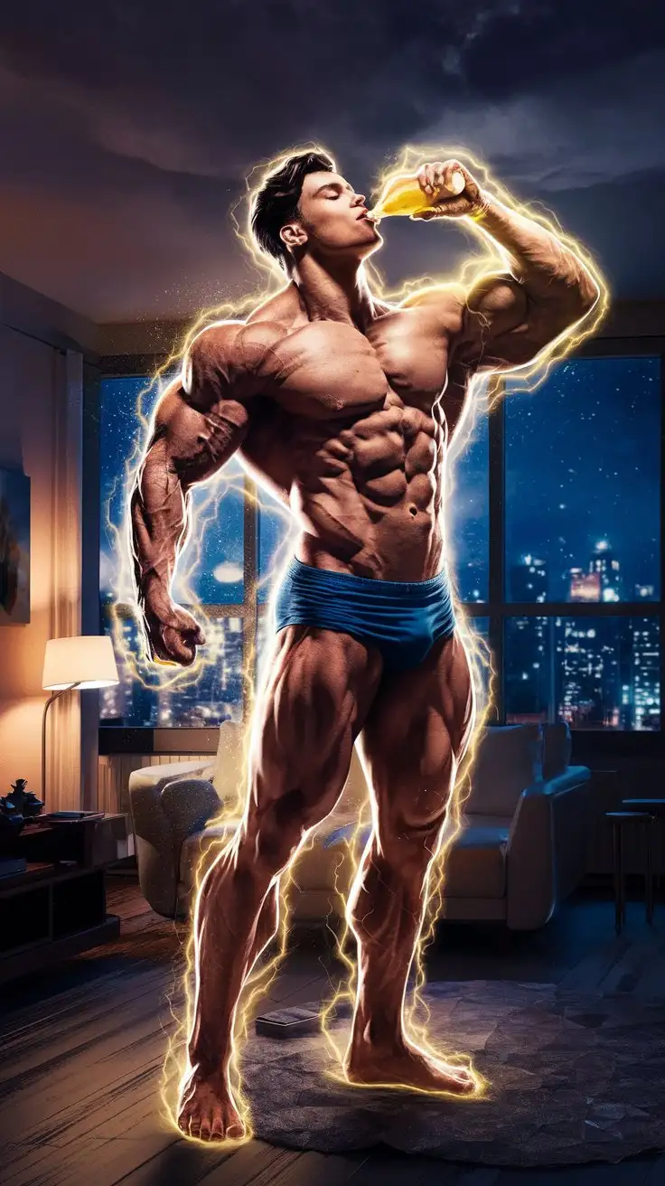 Powerfully-Muscled-Bodybuilder-Transforming-Into-Superpowered-Hero-with-Ambrosia-and-Golden-Energy